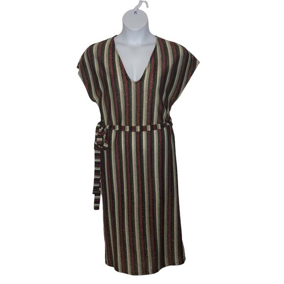 Zara Metallic Striped Belted Midi Dress V-Neck Size M - Picture 3 of 16